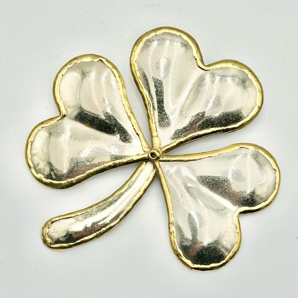 Huge Silver Tone Shamrock Brooch Pin Gold Detail Artisan St Patrick Irish Clover